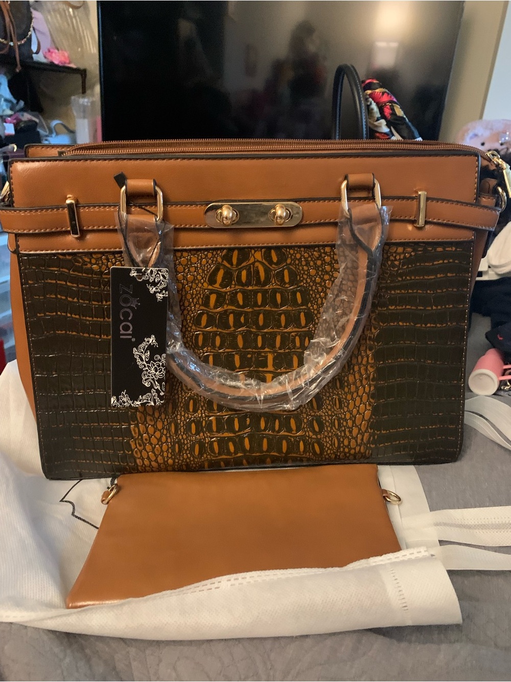 Zoccai Two-Tone Croc-Embossed Satchel in Brown and Tan